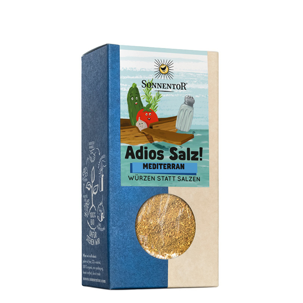 Blau-beige Verpackung mit Schriftzug "Adios Salz! Mediterran. Würzen statt Salzen."