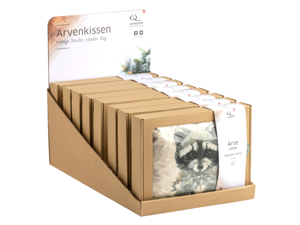 Aromalife Arvenkissen Thekendisplay Waldtiere (Fuchs, Igel, Reh, Waschbär, Hase)