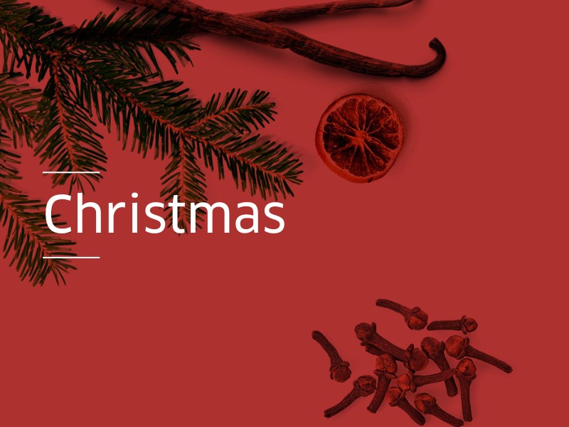 Roter Hintergrund mit Vanille-Stangen, Orangenscheibe und Tannennadeln